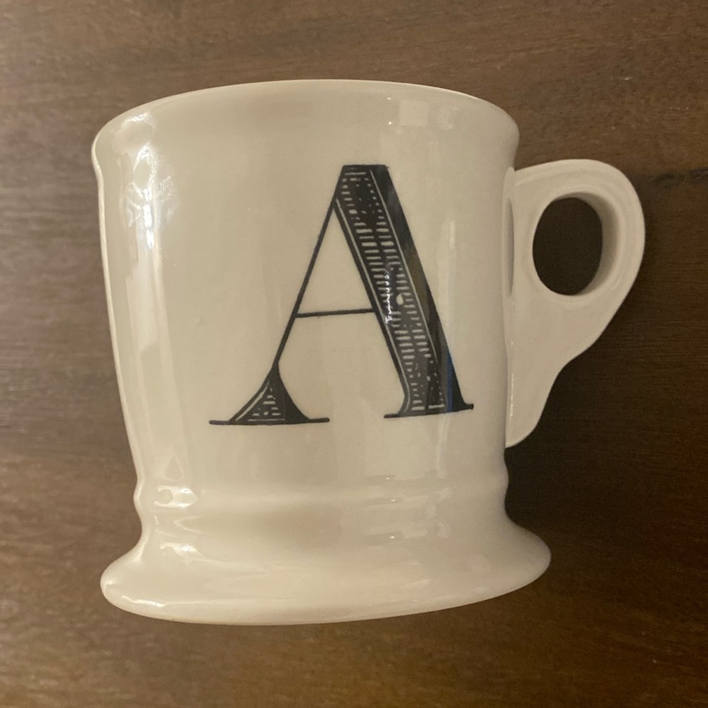 Anthropologie Cream Black Monogram Initial ‘A’ Wide Base Wide Mouth Coffee Mug - Picture 1 of 3